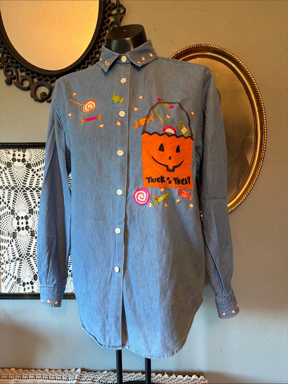 Vintage Karen Scott Blue Denim Button-Down Shirt with Orange Pumpkin Pocket